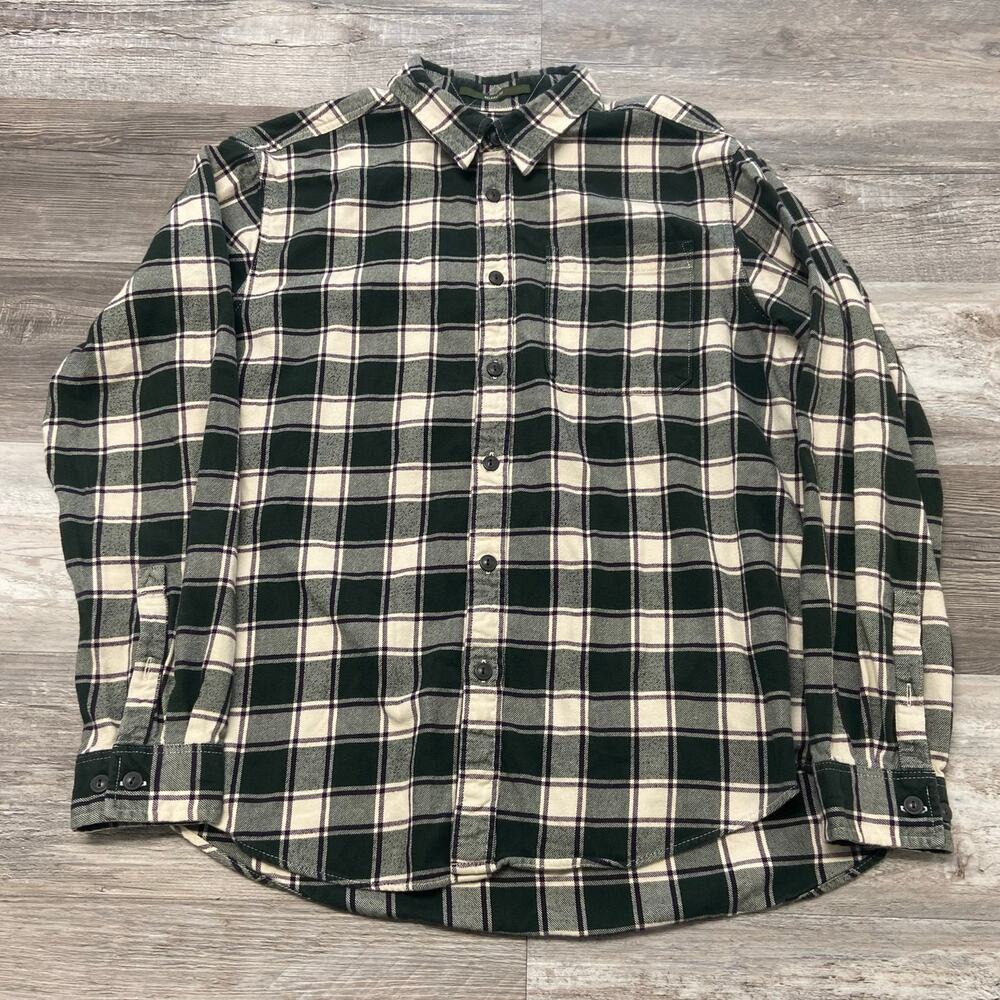 Eddie Bauer Flannel Shirt Green Cream Purple Tartan Plaid‎ Mens XL Relaxed Fit